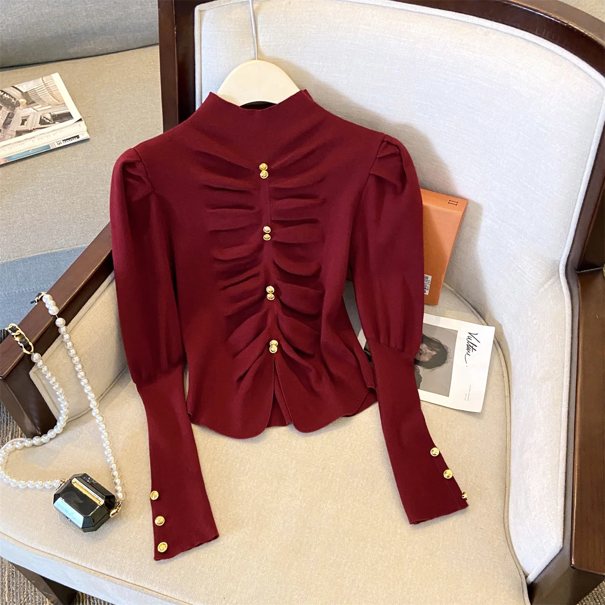 2024 Autumn Stylish Elegant Knit Sweater Tops Puff Sleeve Half High Collar Knitwear Slim Fit Fashion Chic Solid Ladies Jumpers