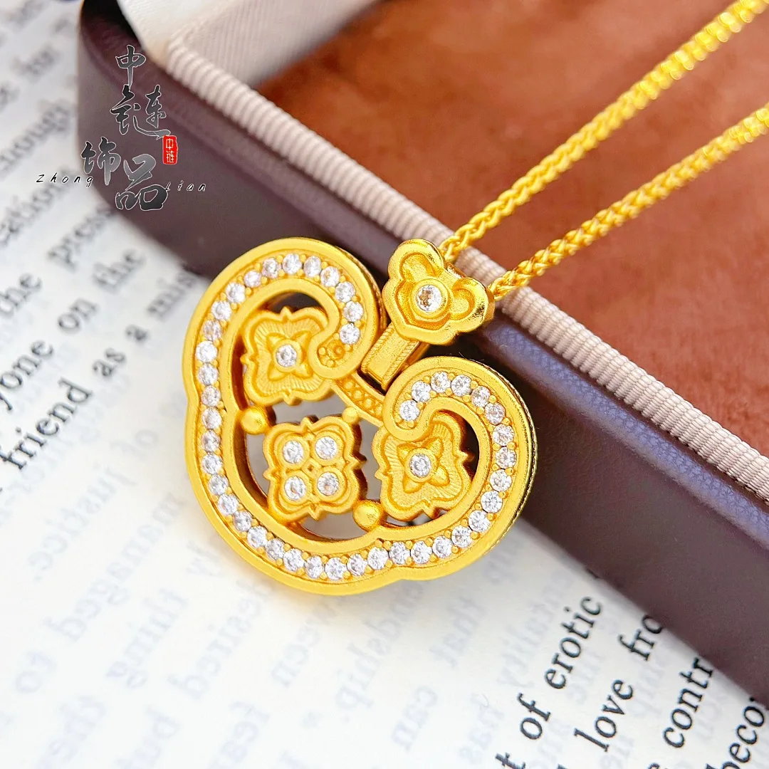 Set with diamond Fuqi Ruyi lock bag pendant new Chinese Xiangyun Ruyi lock 9999gold
