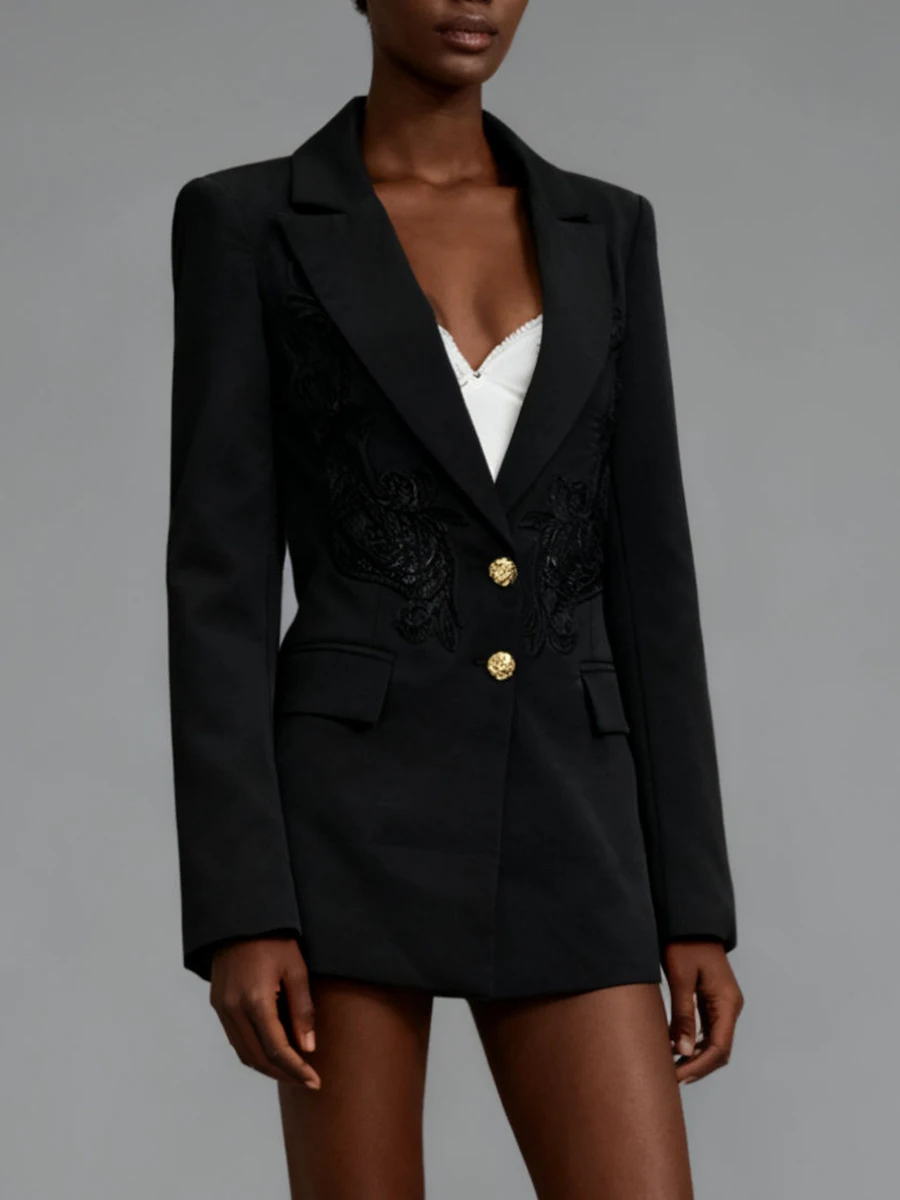 VGH Hollow Out Solid Embroidery Blazers For Women V Neck Long Sleeve Spliced Button Autumn Design Sense Jacket Female Fashion