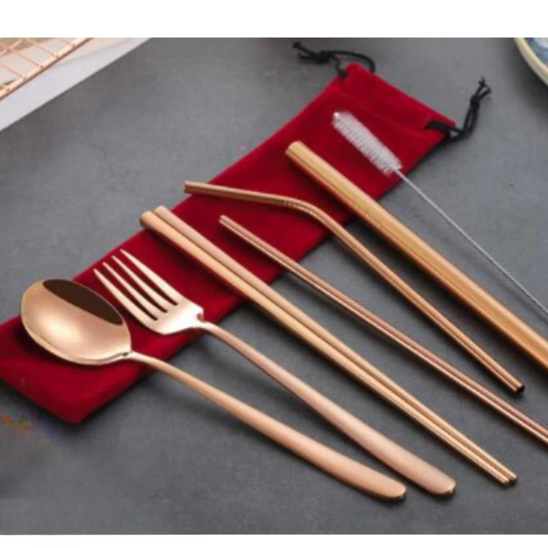 

Stainless Steel Portable Carrying Dinnerware Bag Set Straw Cutlery Tableware with and Brush Chopsticks