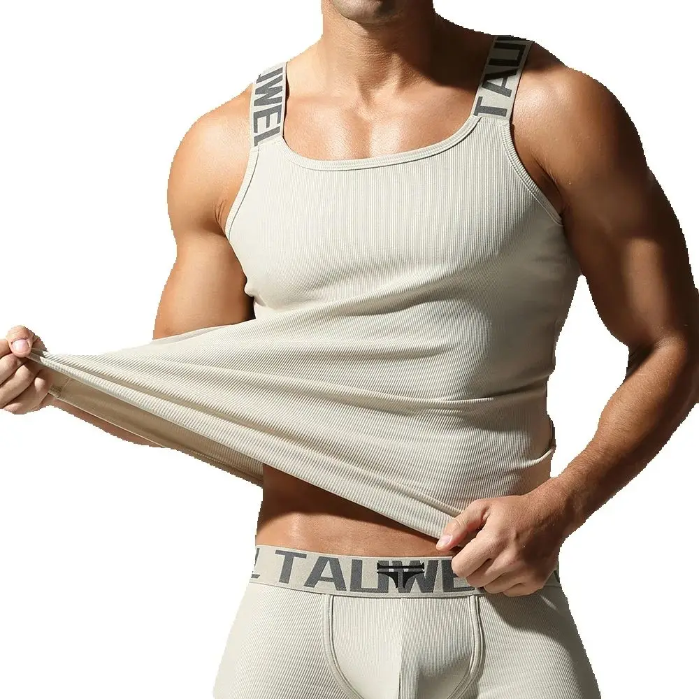 Men's Fashion Tank Tops Sleeveless Training Sports Vest Solid Color Stretchy Letter Straps Ribbed Camisoles Slim-Fit Undershirts