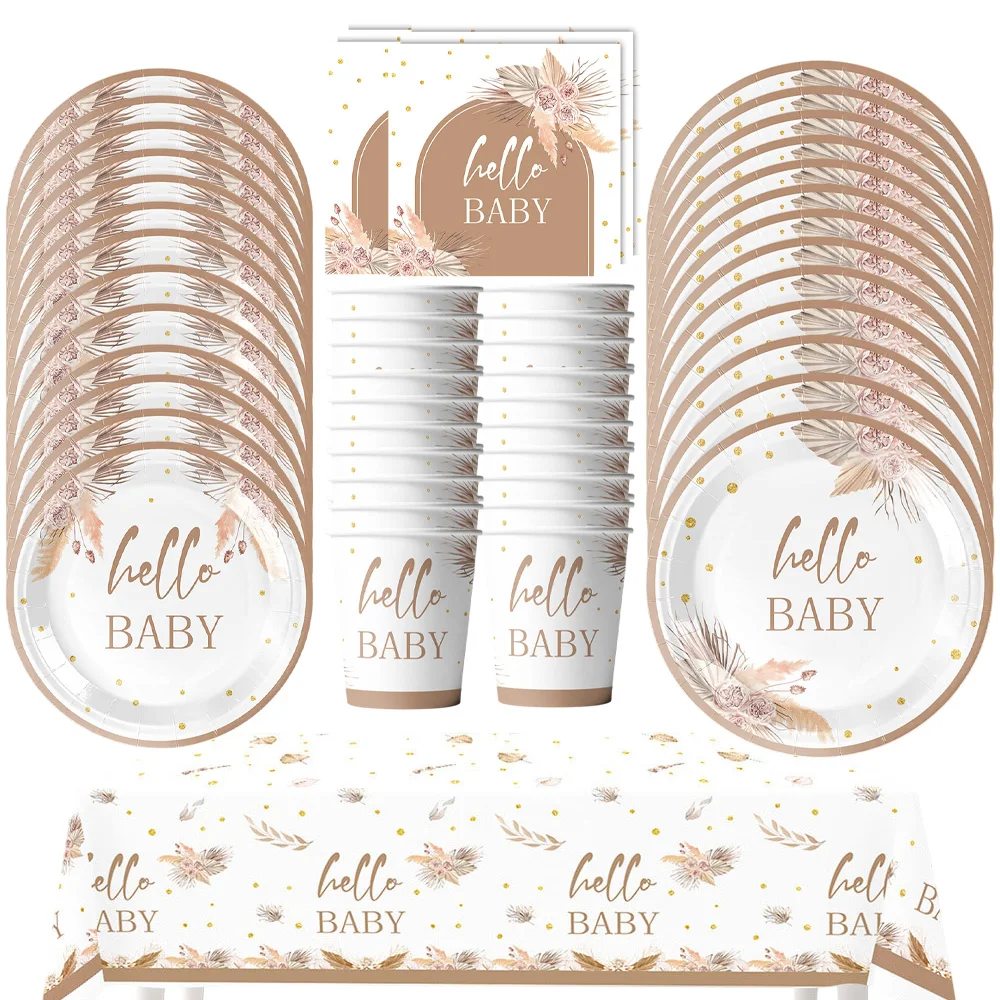 

Hello Baby Gender Reveal Party Supplies Disposable Tableware Paper Plates Cups Napkins Baby Shower Boy Girl Birthday Decorations
