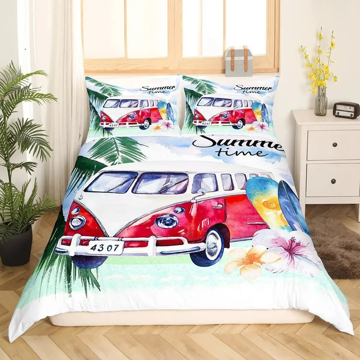 

Happy Camping Comforter Cover King, Summer Camping Decoration Bedding For Boy Teens Family, Beach Vacation Style Duvet Cover Set