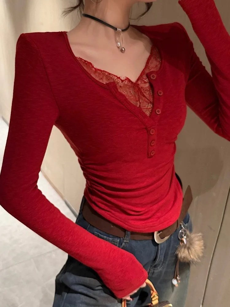 

Korean Style Long Sleeve Lace Splice V-neck T-shirt Women's Autumn Winter Slimming Base Layer Top Fashionable Shoulder Line
