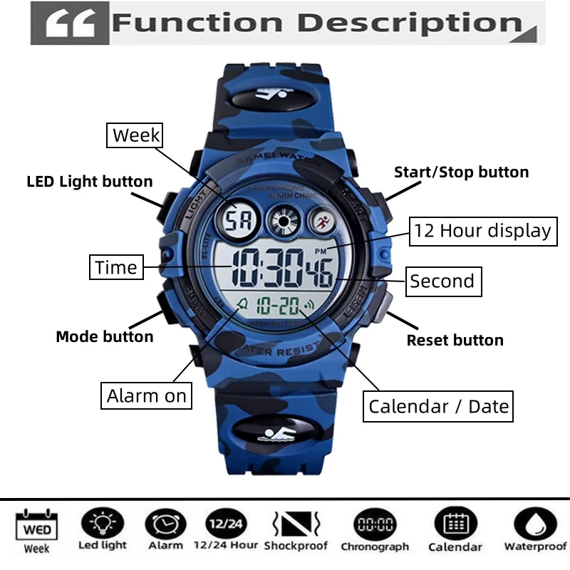 Skmei Digital Watches for Kids Colorful LED Sports Waterproof Chronograph Camouflage PU Strap Boy Girl Wristwatch