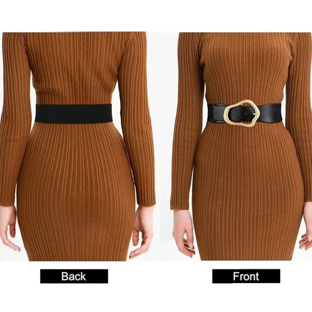 

Fashion Elastic Women Waistband Belt Retro Vintage Pin Buckle Belt Adjustable Tying Solid Color Leather Belt Women