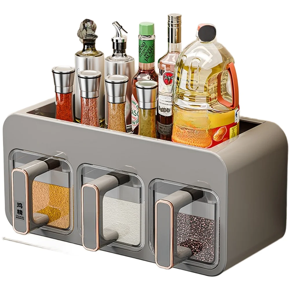 Cream Wall Mounted Spice Organizer Kitchen Seasoning Storage Box With Spoons And Labels For Home Cabinet Shelf
