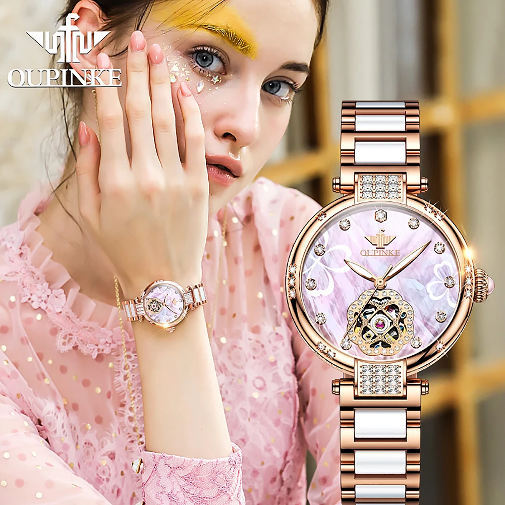 OUPINKE 3183 Luxury Hollow Women Watch Elegant Rose Gold Ceramic Strap Reloj Diamond All Automatic Mechanical Watch Reloj Mujer