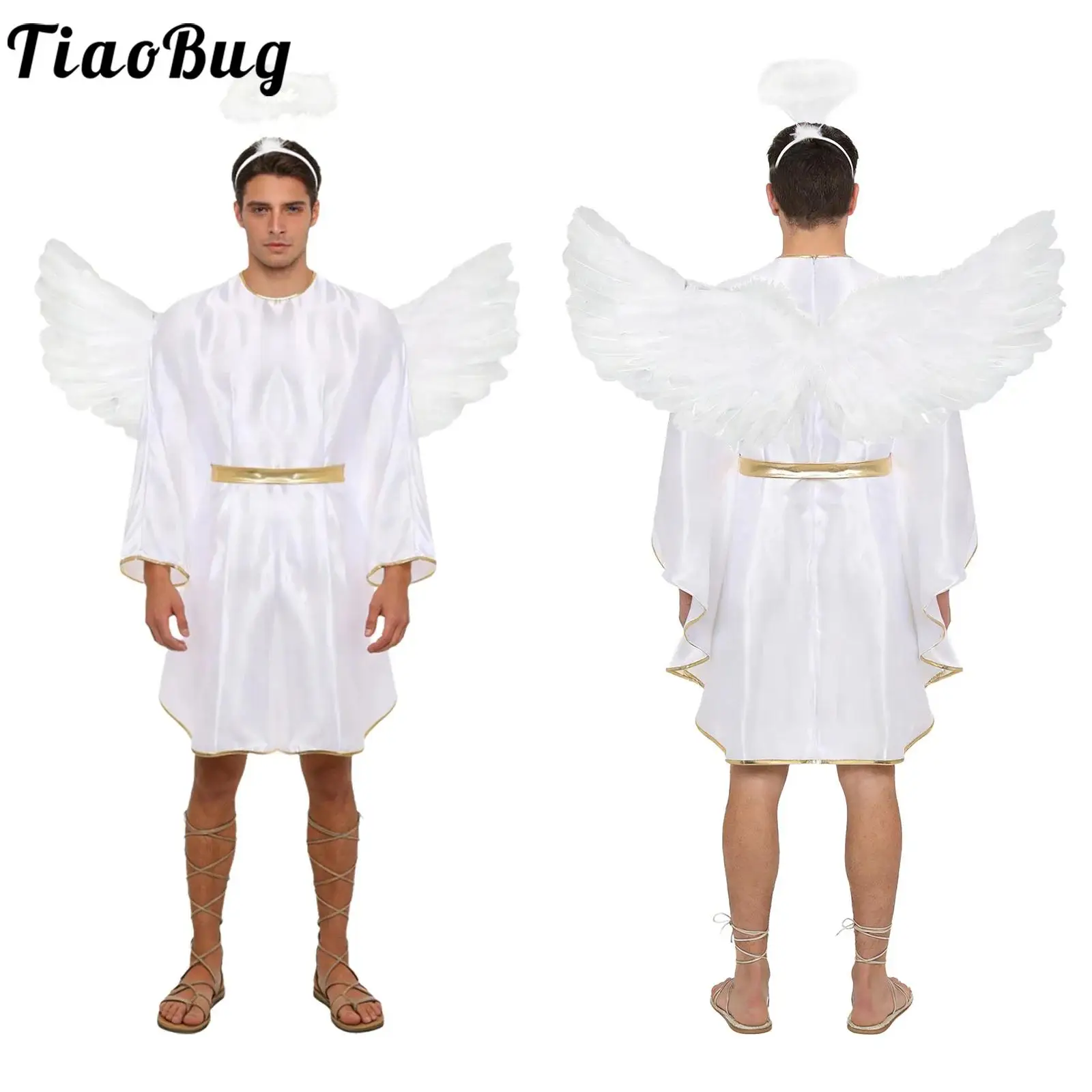 

Men Angel Devil Robe Halloween Costume with Headwear And Wings Batwing Sleeve Gold Trim Satin Cosplay Dress for Carnival Party
