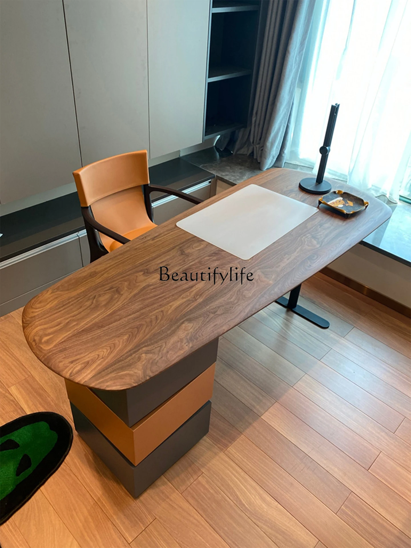 

Italian retro walnut desk home solid wood office light luxury modern simple computer writing rotating table