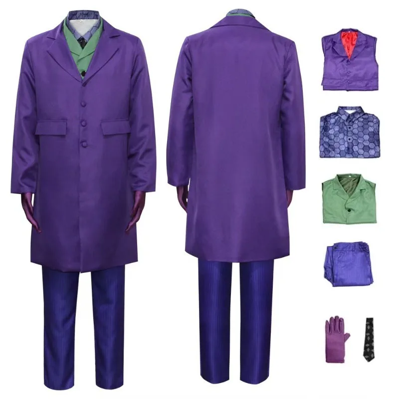 

Halloween Dark Knight Cosplay Costume Clown Set Coat Shirt Vest Tie Suit Outfits Joker Full Set for Adult Men Halloween Costumes