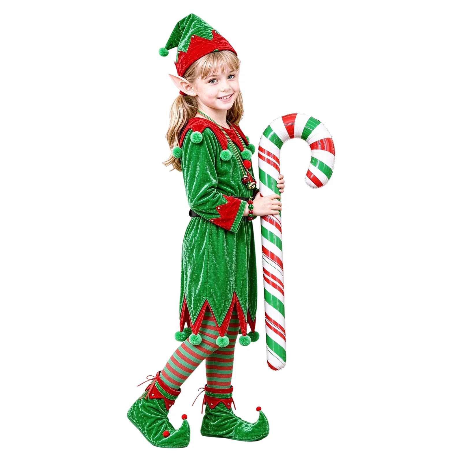Kids Girls Christmas Elf Costume Long Sleeve Pompom Velvet Dress with Elf Ears Hat Socks Belt for Xmas Holiday Stage Performance