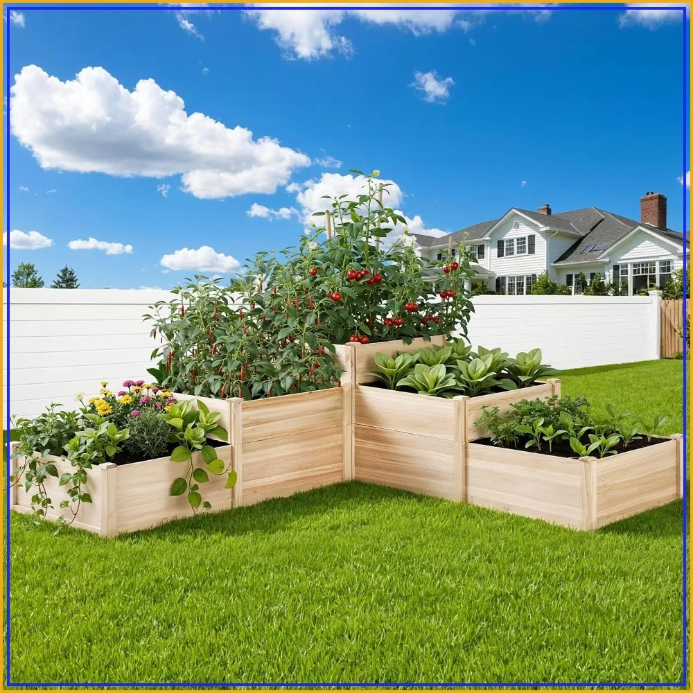3-Tier Raised Garden Bed, Fir Wood Planter Box with Dividers, Tool-Free, 28