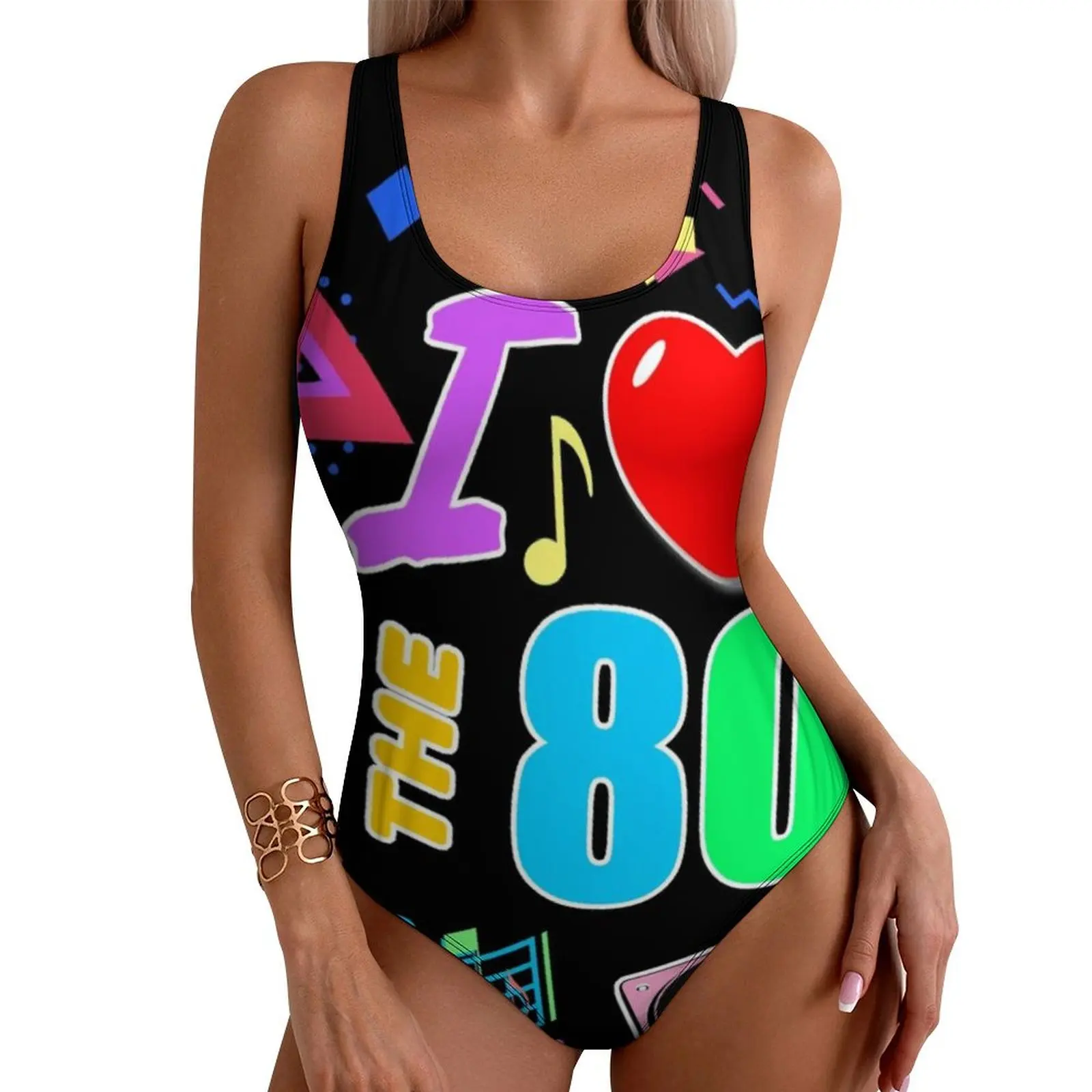 

Купальник I Love The 80S в стиле ретро с сердечком, милый красочный цельный купальник с граффити, классические купальные костюмы с эффектом пуш-ап, сексуальная пляжная одежда