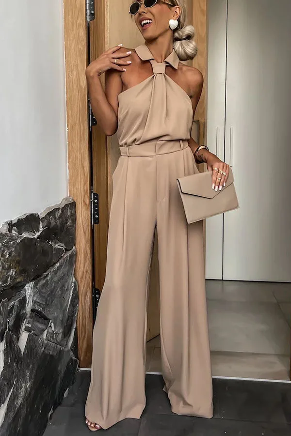 Sexy Solid Sleeveless Jumpsuit Spring Summer Fashion Commuter Women's Elegant Lapel Halter Neck Folds Wide Leg Trousers Jumpsuit