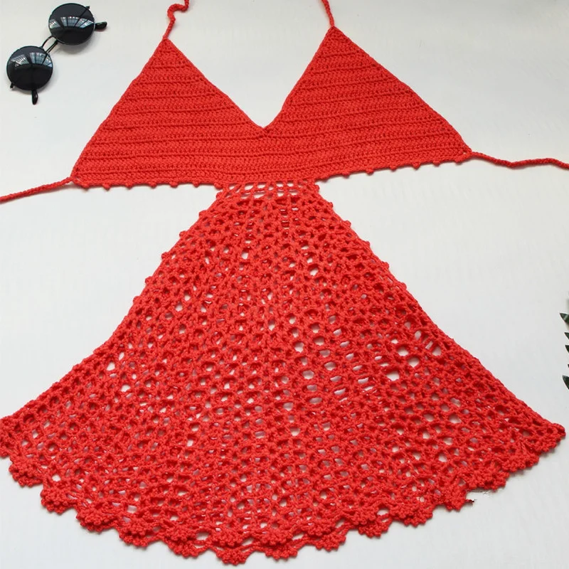 H80&S90 New Women Hot Sexy Handmade Crochet Deep V Neck Backless Hollow Out Beach Swimwear Lady Female Tank Top Bikini Dress