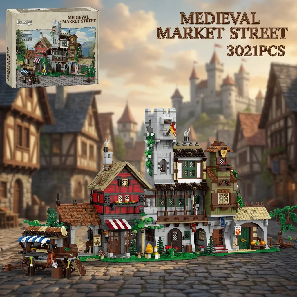 3021-teiliges Mittelalterliches Marktgasse-Bauset Straßenansicht Retro-Architektur Modulare Bausteine Kreatives Spielzeug Geschenk für Erwachsene