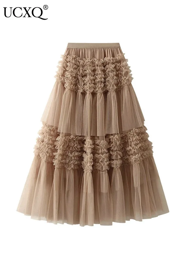 UCXQ Elegant Fairy Dress Temperament Vintage Solid Color All Match Lace Mesh Cake Skirts For Women 2025 Spring New Style 23C3054