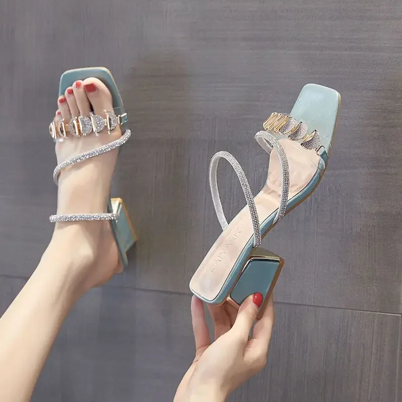 Outside Women's Slippers and Ladies Sandals Blue Heeled Slides Rhenstone Sexy Open Toe Indoor Job Shoes Luxury Casual W I Shoe Y image 3
