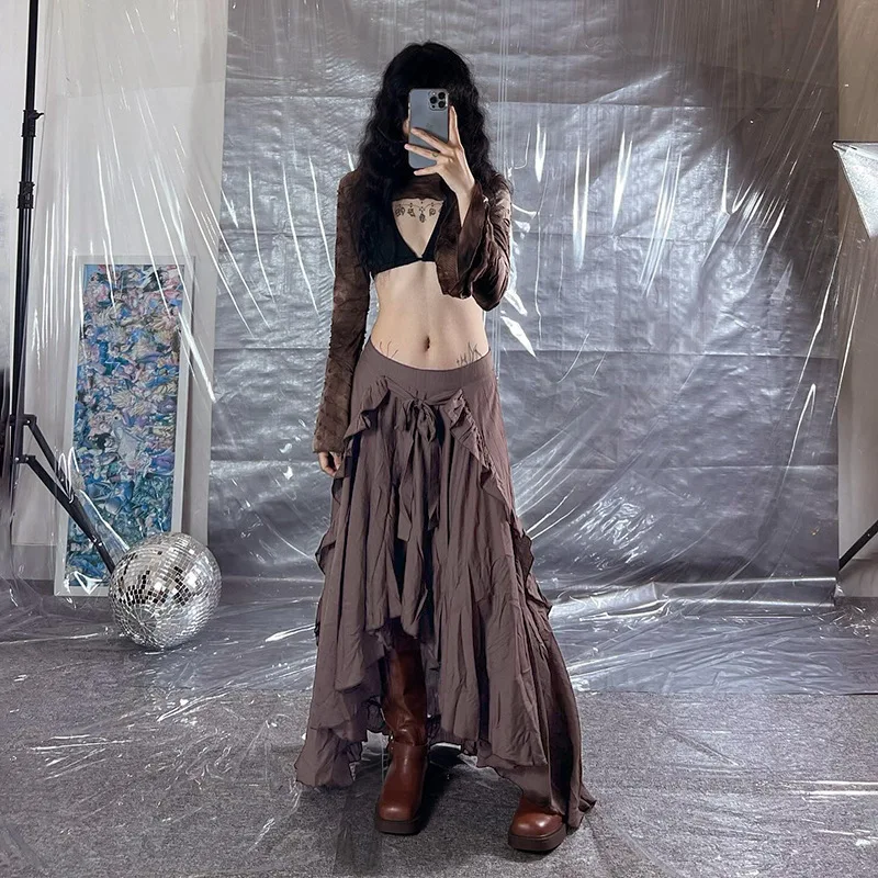 Saia midi longa com design de aba de orelha de madeira irregular estilo vintage para mulheres – Novo estilo versátil