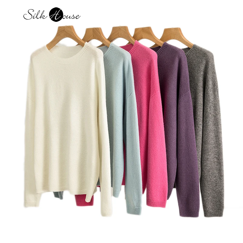 Seamless Soft Glutinous 100% Pure Wool Sweater for Women's Loose Round Neck Knitted Bottom Sweater for Autumn and Winter