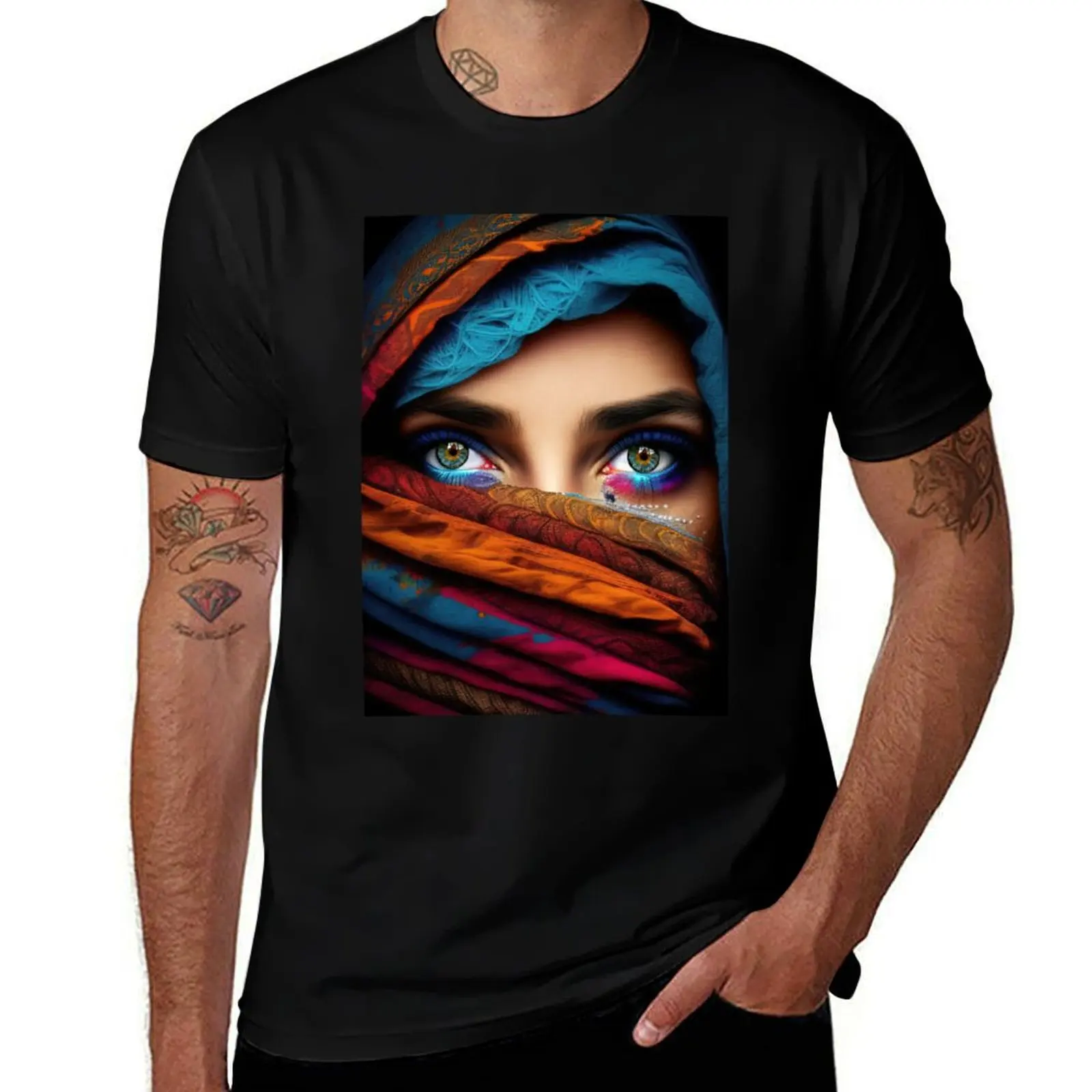 

Arabian woman with beautiful eyes and colorful veil T-Shirt Industrial Work Tee Shirt