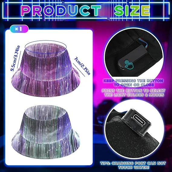 Fashionable Led Mutil-Color Luminous Glowing Hat Fiber Optic Cyberpunk Luminous Bucket Hat