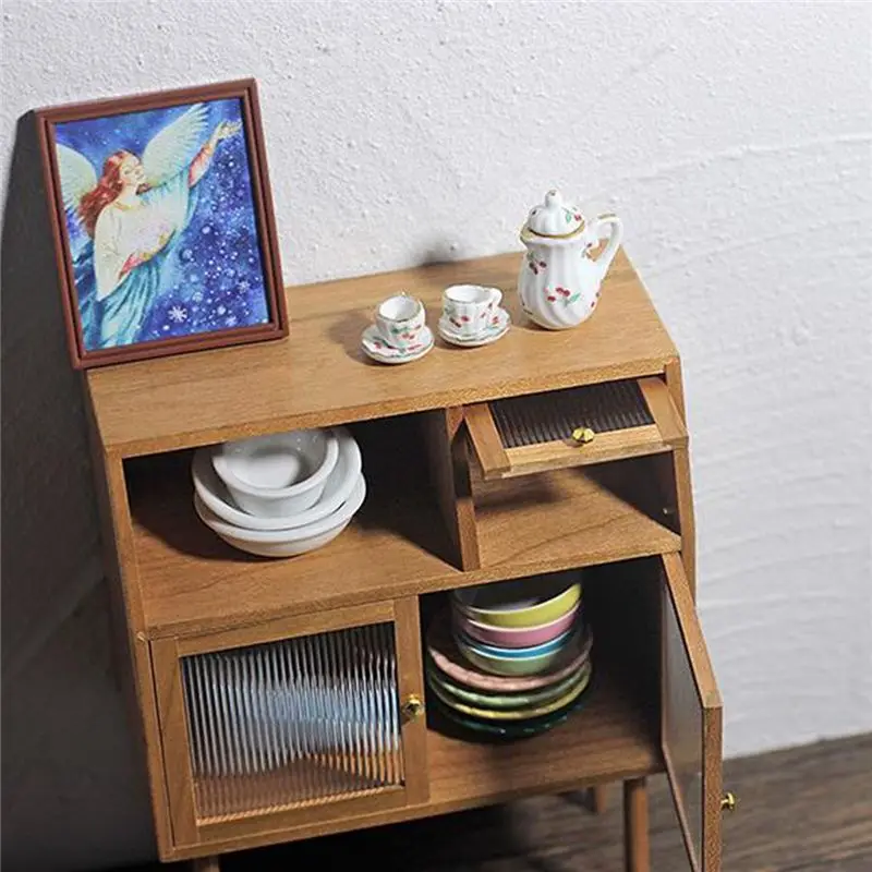 1 قطعة 1/12 دمية مصغرة مقلد خزانة خزائن خزانة صغيرة أثاث بيت الدمى الخشبي نموذج الجوز