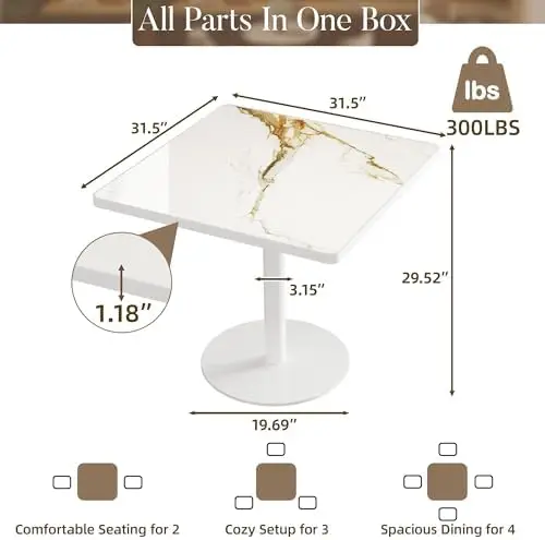 31.5'' Tulip Table, Square Pedestal Dining Table with Sintered Stone Tabletop, White Aluminum Alloy Edge & Base, Bistro