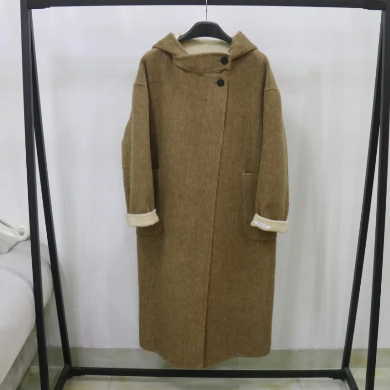 Women's Autumn Winter Warm Hooded Long Sleeve Wool Loose Coat Lady Solid Color Pockets Single Button Long Wool Coat