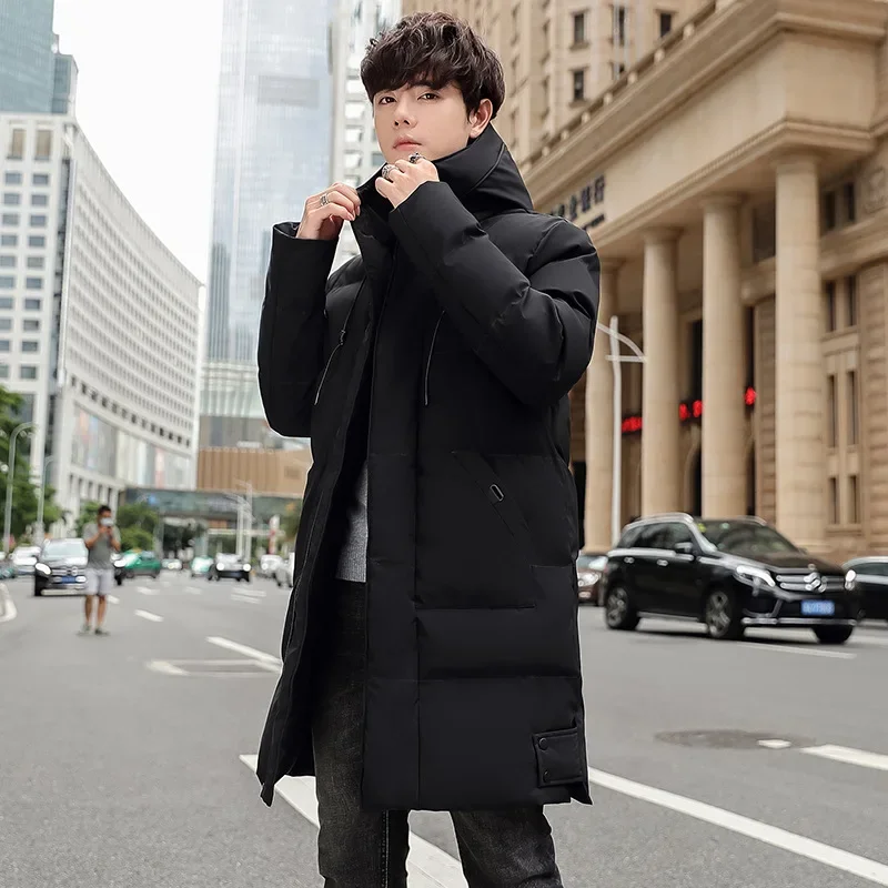 

Men Parkas Thickened Hooded Winter Down Coat Solid Color Padded Cardigan Midi Length Zip Up Men Coat For Daily Wear