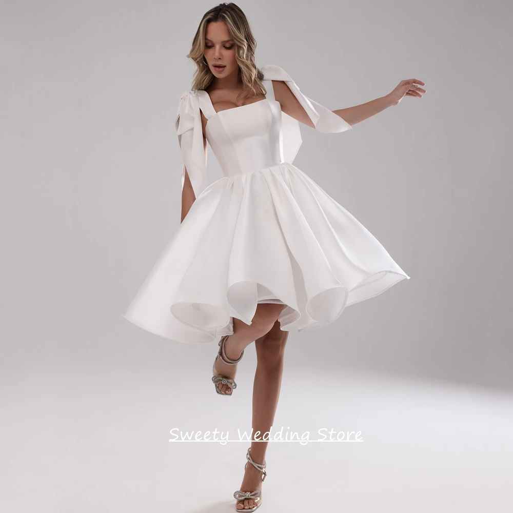 Customized Short Wedding Dress Sexy Sleeveless Squre Neck Bow Little White Gown Mikado Satin Mini Woman Corset Bridal Gown