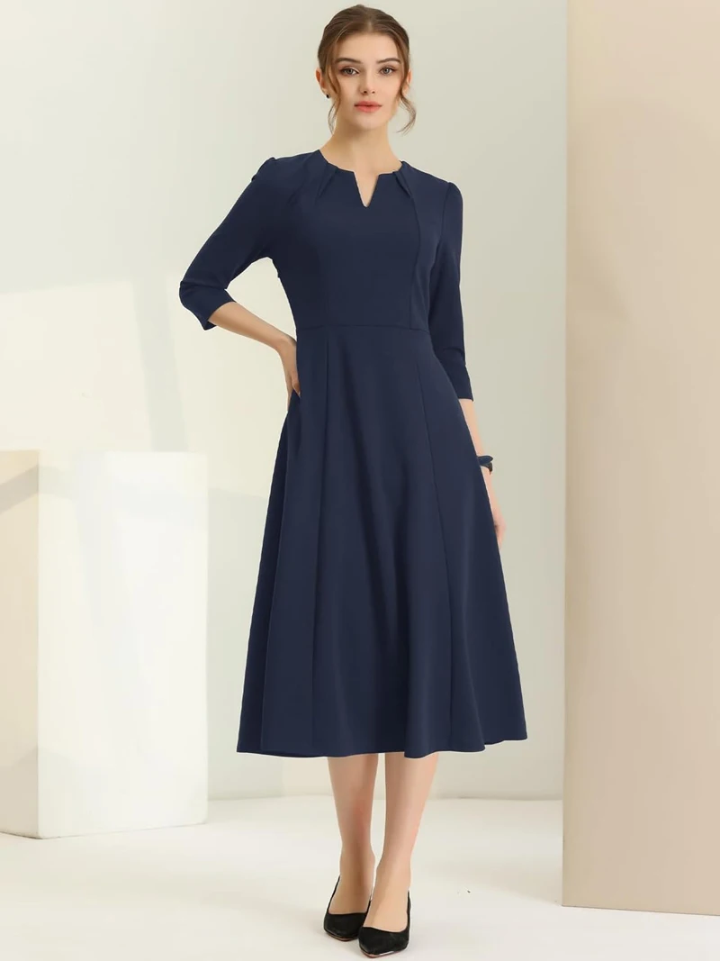 

SxerxeS Women's seven-quarter sleeve V-neck elegant A-line business formal mid-length dress with pockets