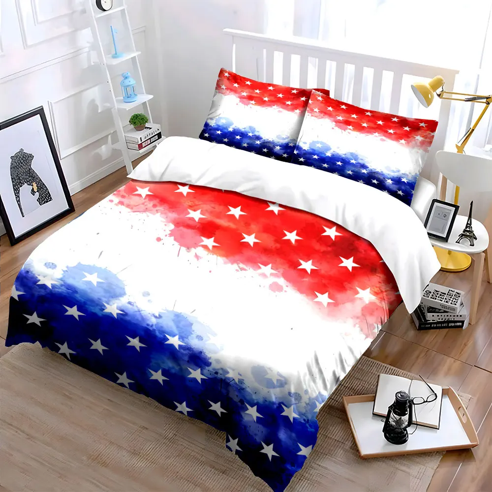 Abstract Red White Blue Stars Pattern Duvet Cover Set with 3D Printing Design Soft Polyester Bedding Set All-Season Comfort