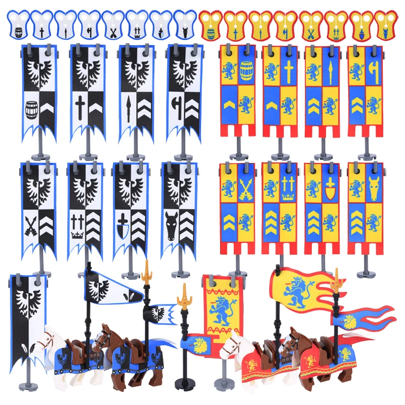 

MOC Medieval Rome Knight Figures Shoulder Armor Building Blocks Military Army Flag War Horse Robe Soldier Weapons Bricks Kid Toy