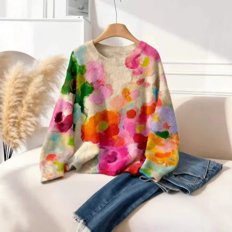 Women's Fashion Floral Print Tie-dye Sweater Casual and Elegant Wear Sweater Knitted Sweater Crew Neck Pullover Top Exquisite