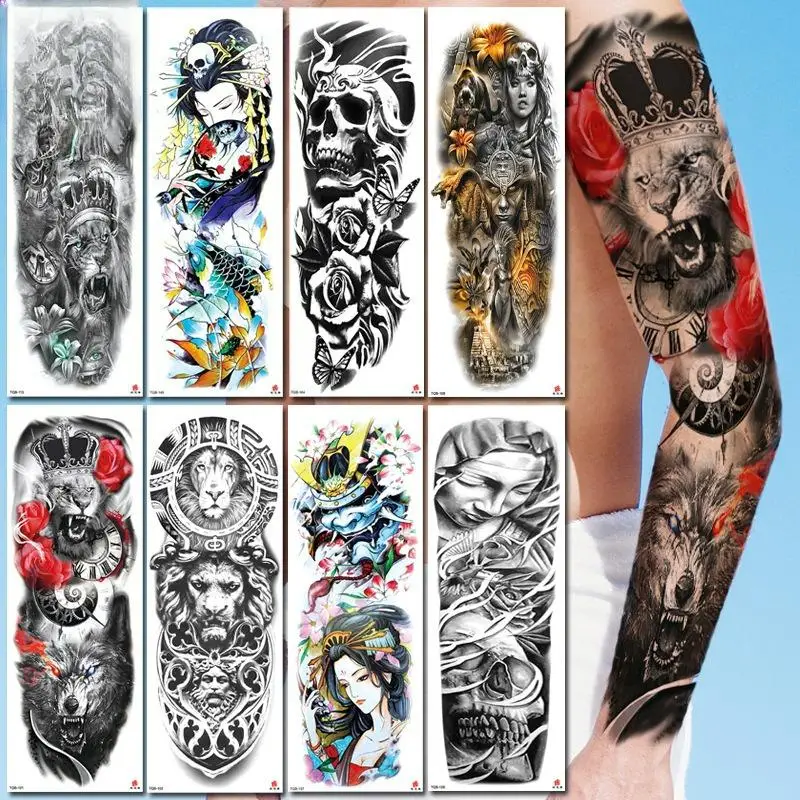 

Водонепроницаемые временные татуировки на всю руку для мужчин и женщин, поддельные татуировки, короны и татуировки львов, наклейки