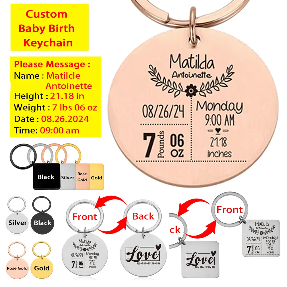 

Custom Baby Name Keychain Personalized Birth Date Time Weight Height Newborn Souvenir Mom Dad Gift Keyring Key Ring Chains Items