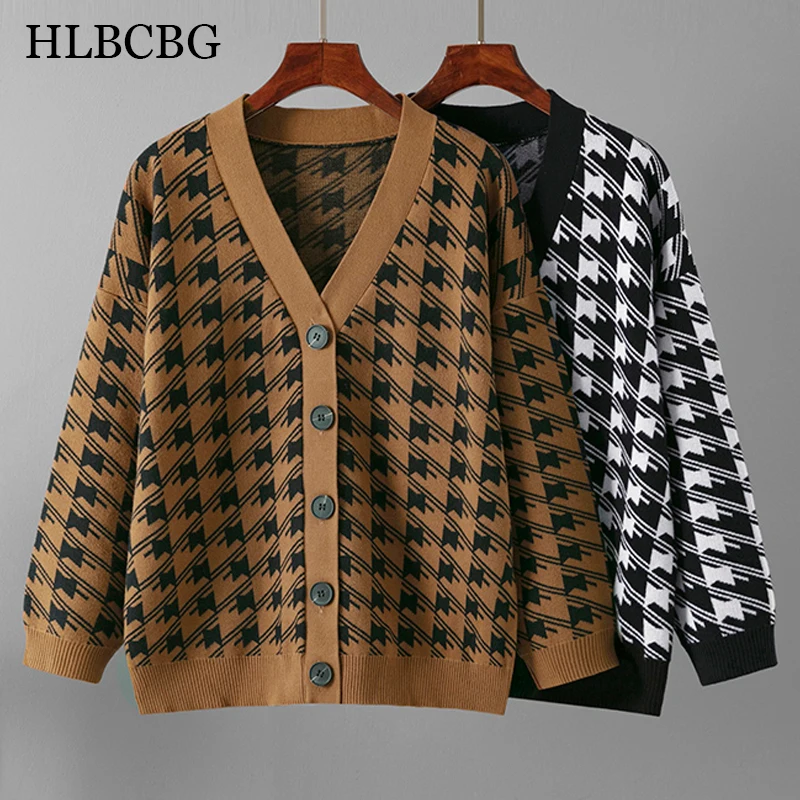 

HLBCBG Fall Jacquard Knitted Cardigans Sweater Women Vintage Korean Chic Long Sleeve Coat Fashion Streetwear Loose Female Tops