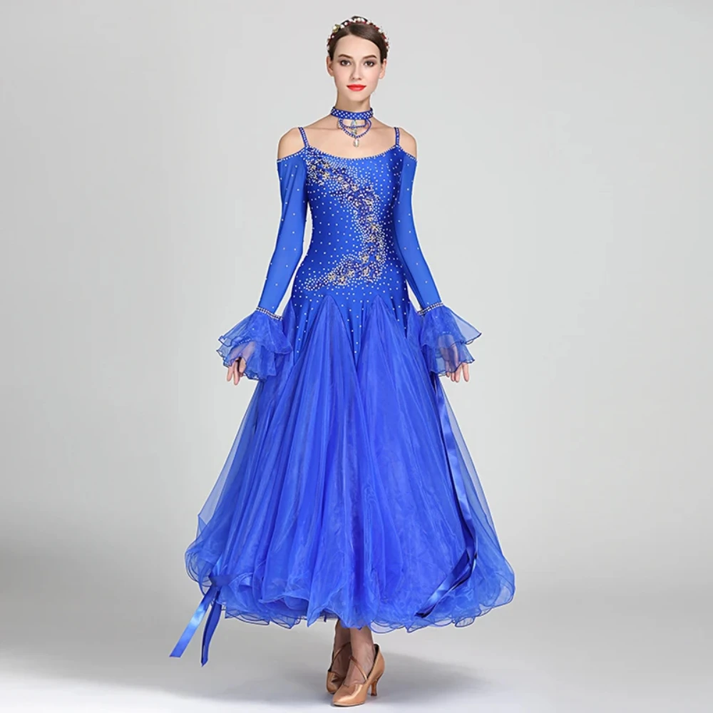 

Blue Off Shoulder Ribbon Ballroom Dance Dresses Fringe Ballroom Dance Competition Dress Waltz Foxtrot Dress Rumba Dance Costumes