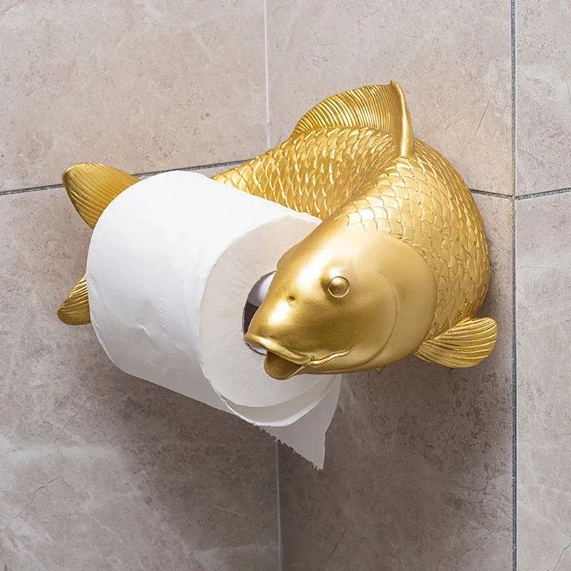 Koi Statue Fish Craft Toilet Paper Holder Towel Rack Wall Hanging Bathroom Household Toilet Paper Rack Free Punching Decoration