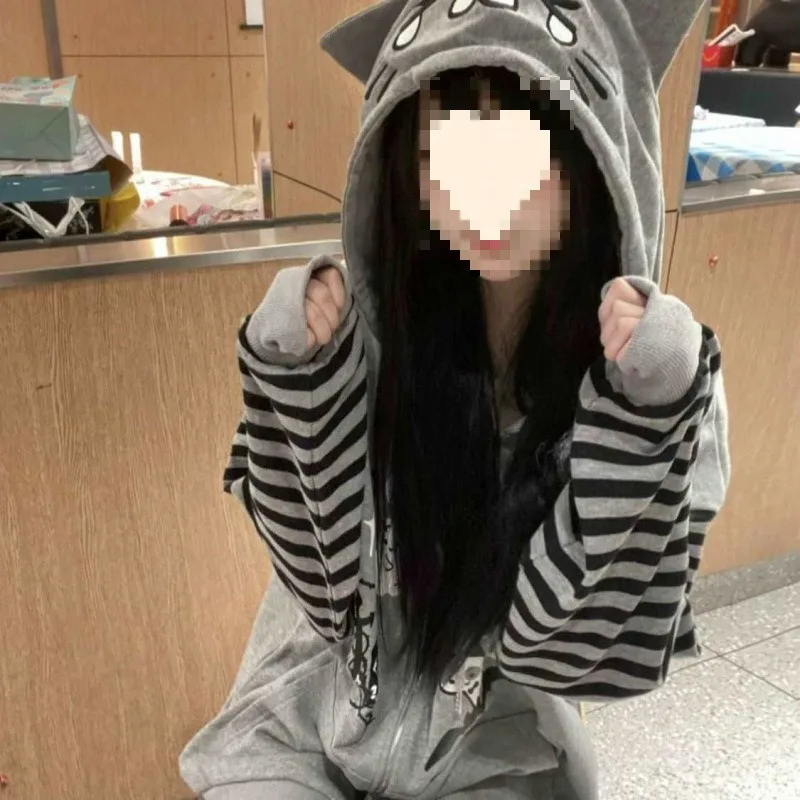 

Толстовки с капюшоном и кошачьими ушками, куртки, женская одежда, топы Y2k, лоскутная полосатая толстовка с капюшоном в стиле аниме, Ropa Mujer, повседневные модные толстовки, пальто