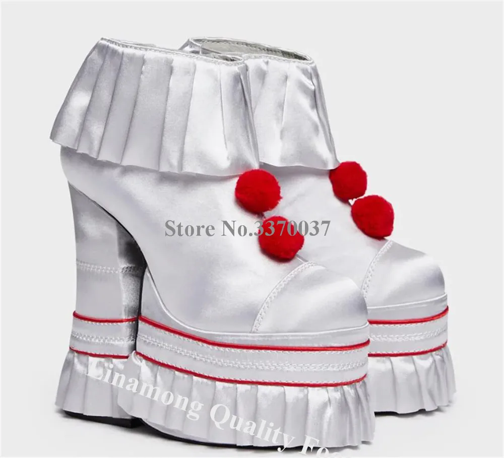 Linamong Satin Ruffles Fringes Chunky Heels Short Boots Round Toe White Pink Blue High Platform Thick Heel Ankle Booties