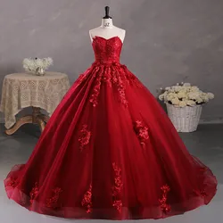 Sexy Strapless Vestidos  Quinceaneras Classic Appliques Ball Gown Flower Women New Tulle Vestido De Baile With Train Customized