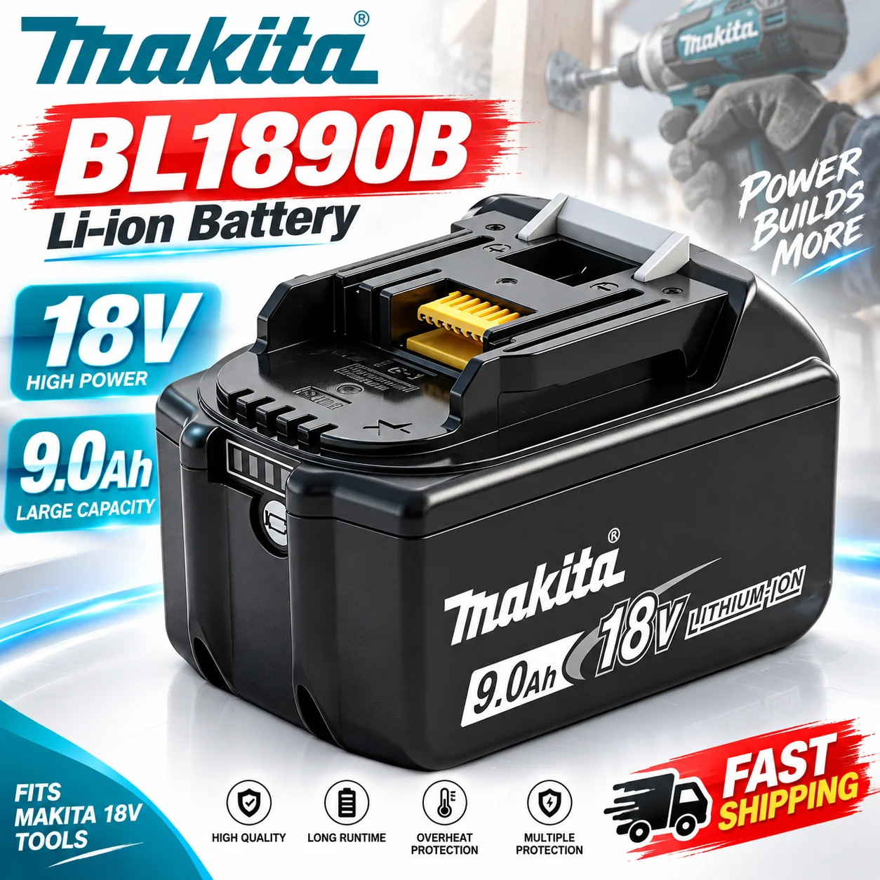 BL1890B 18V 9,0Ah Li-Ionen-Ersatzakku für Makita 18V Akku-Werkzeuge mit LED-Leistungsanzeige