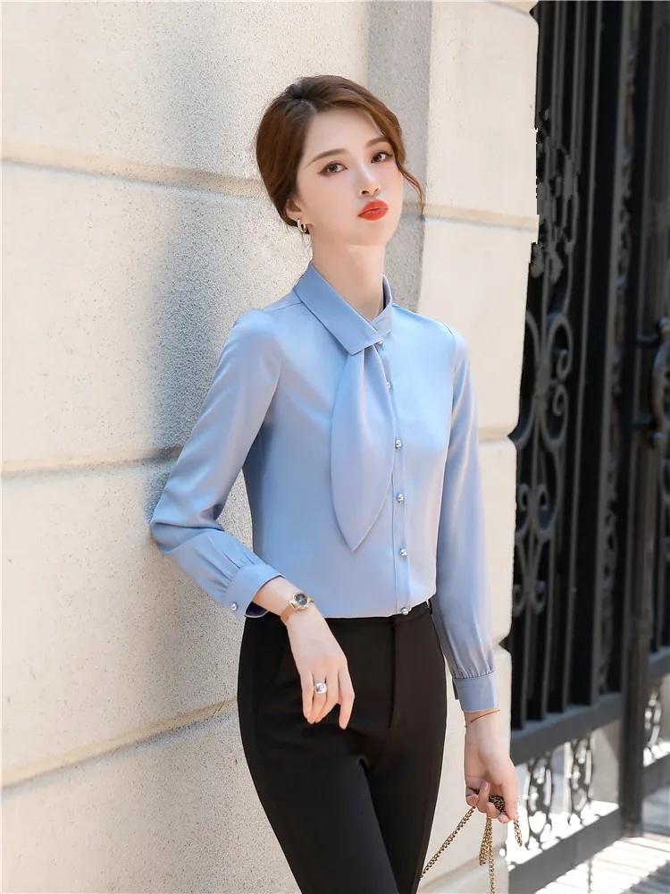 Women\'s Elegant Long Sleeve Shirts Blue White Pink  Bow Tie Work Wear Blouse Formal Offcie Tops Fashion Autumn 2023