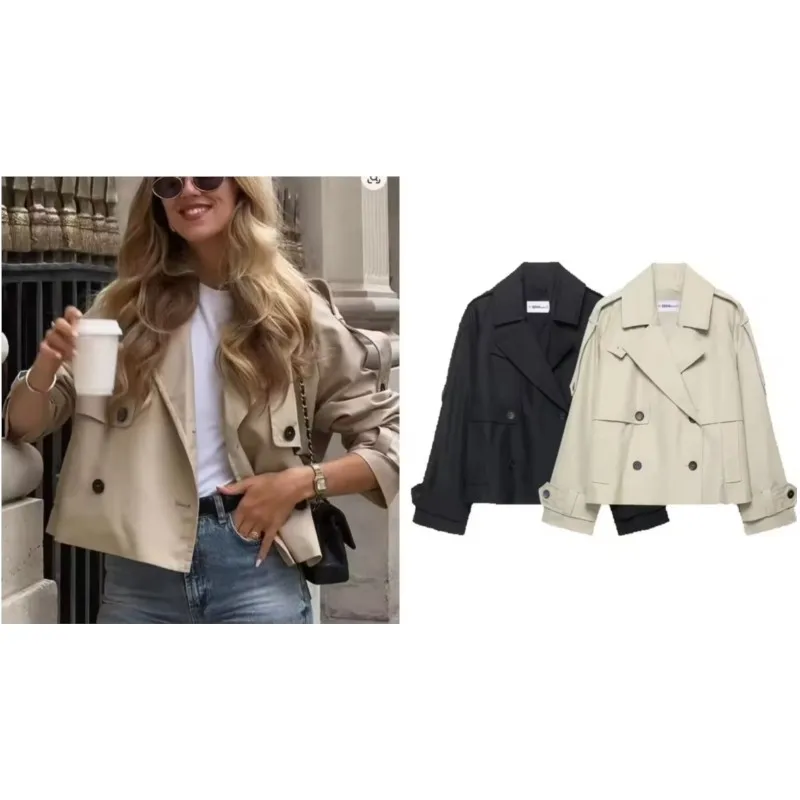 

Женская осенняя двубортная куртка с длинными рукавами, осенняя непромокаемая короткая ветровка, женский короткий топ