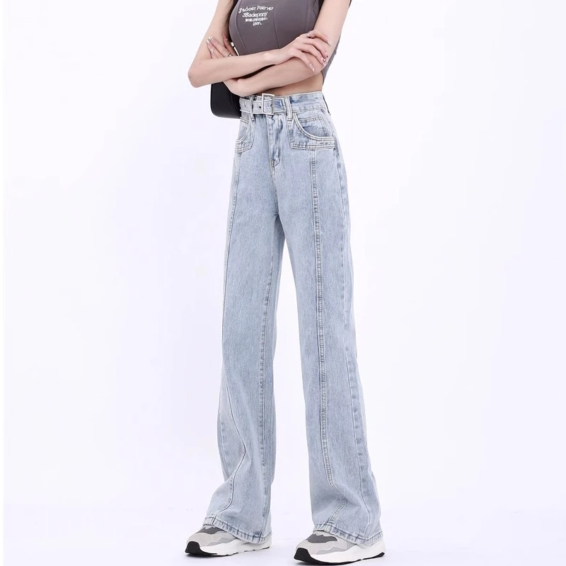 Light-colored straight loose jeans women 2024 spring and summer high-waisted thin design niche draped wide-leg flared pants