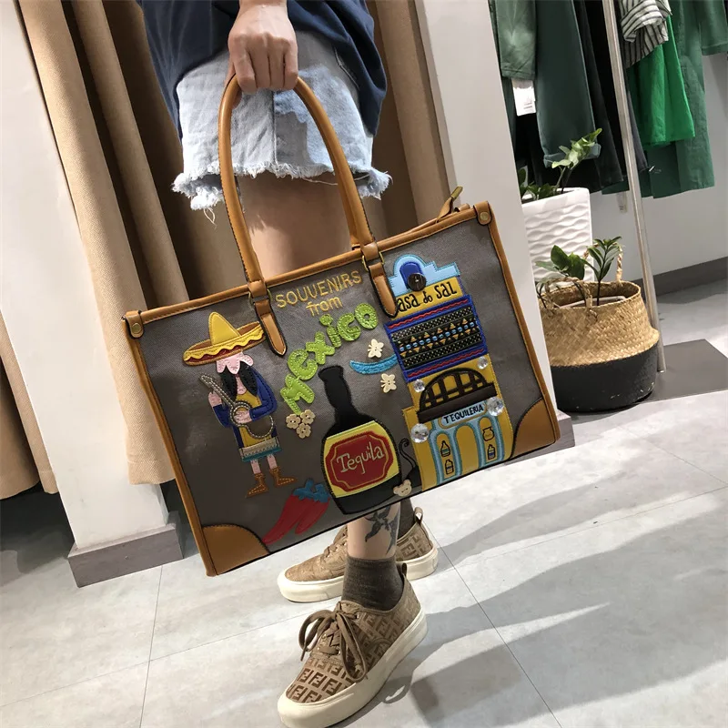 

Женская сумка-тоут, модная сумка с вышивкой, сумка через плечо большой вместимости, сумка через плечо