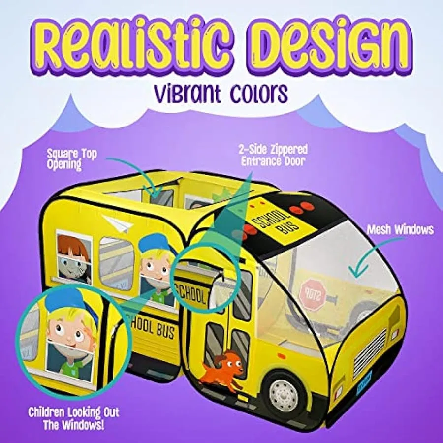 Tenda pop-up para ônibus escolar Kiddzery - Tendas com botão de som para crianças pequenas e acima - Ônibus com rodas mágicas para meninas e meninos